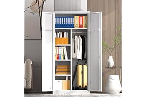 Anewome 71" Armoire Wardrobe Closet with Hanging Rod, Metal Storage Cabinet with Locking Doors and Shelves, Freestanding Wardrobe with Hanging for Bedroom, Laundry Room, White