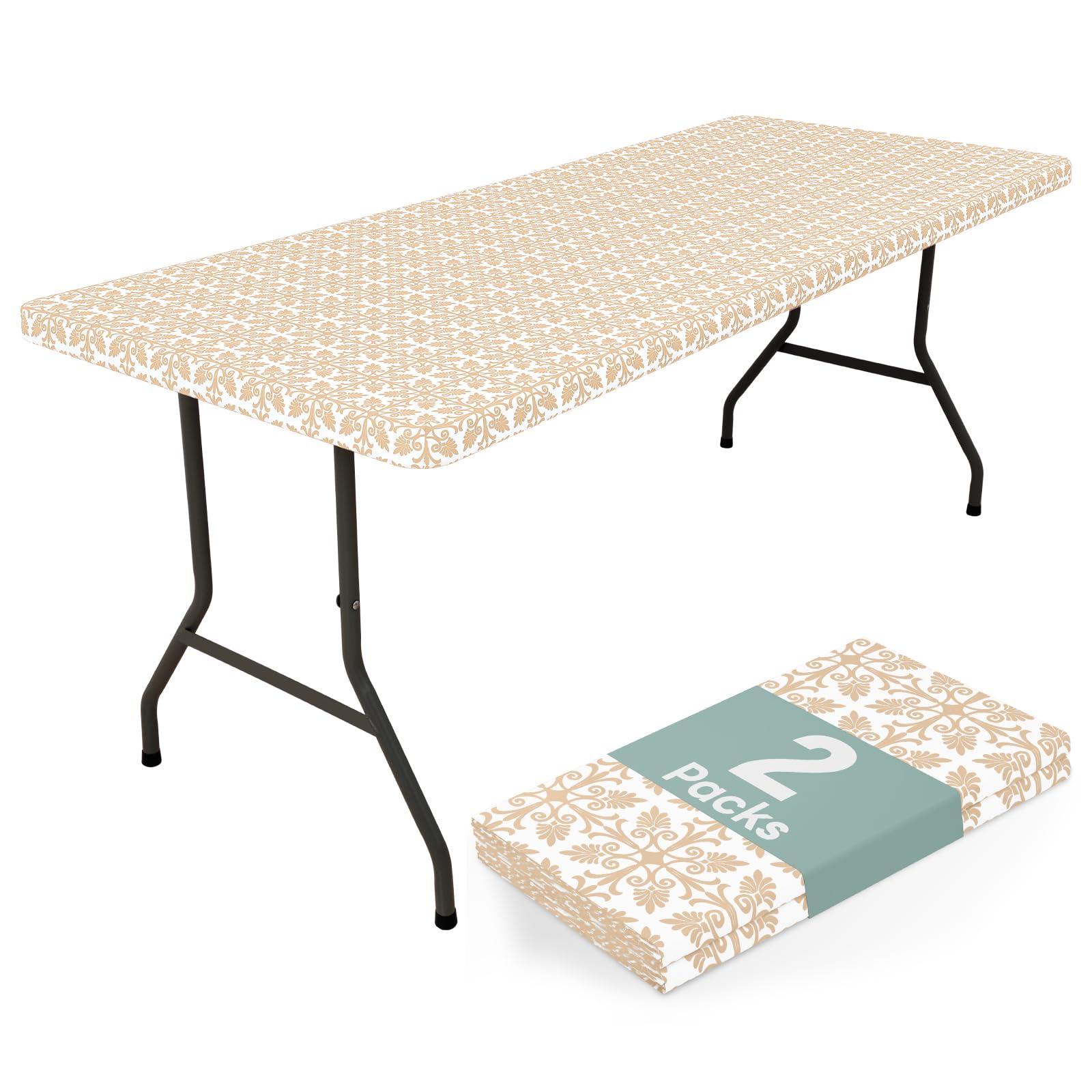 Photo 1 of misaya 2 Pack 8 Foot Rectangle Picnic Tablecloth, Elastic Fitted Waterproof Table Cover, Windproof Washable Polyester Table Cloth for Camping, Indoor and Outdoor (Khaki, 30" x 96")