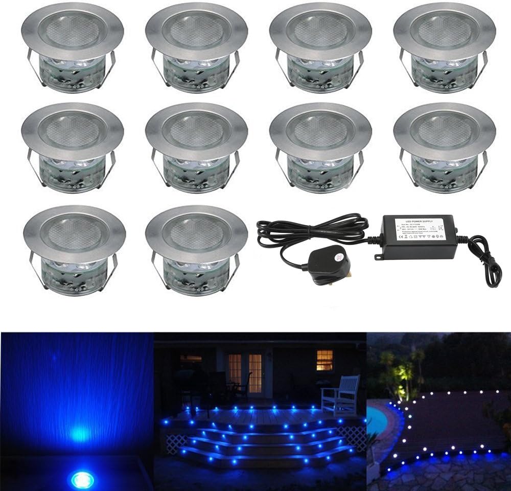 CHNXU 45mm Blue Led Decking Lights Kitchen Plinth Lights Outdoor Low Voltage IP67 Waterproof Deck Lighting Kits Pack of 10