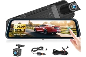 AMPRIME 9.66" Mirror Dash Cam,1080P Touchscreen Rear View Mirror Front and Rear View Dual Cameras,Super Night Vision,G-Sensor,Loop Recording,Parking Assistance,24H Parking Monitor,HD Waterproof Backup Camera