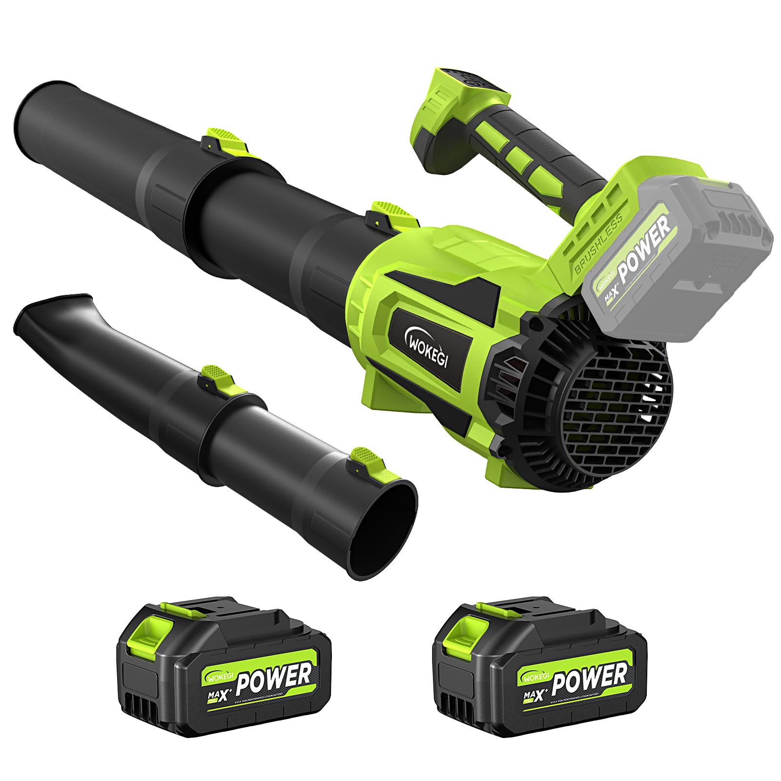Photo 1 of Leaf Blower Cordless, WOKEGI 21V 2 x 4.0Ah Batteries and Fast Charger, with 5-Speeds & Turbo Mode Electric Cordless Leaf Blower, Brushless,3 Tubes for Patio,Lawn,Yard,Garage,Blowing Leaves, Dust, Snow
