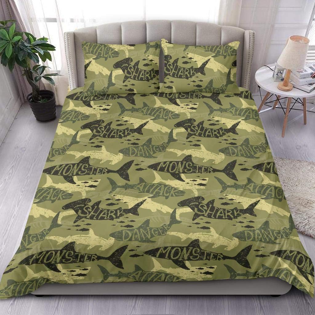 The Incredible BTS Sharks Military Forest Jungle Camouflage Camo 3 Pcs Bedding Set | 3 Piece Bed Set for Kids Boys Girls Adults | Single | Double | Twin | Queen | Full | King