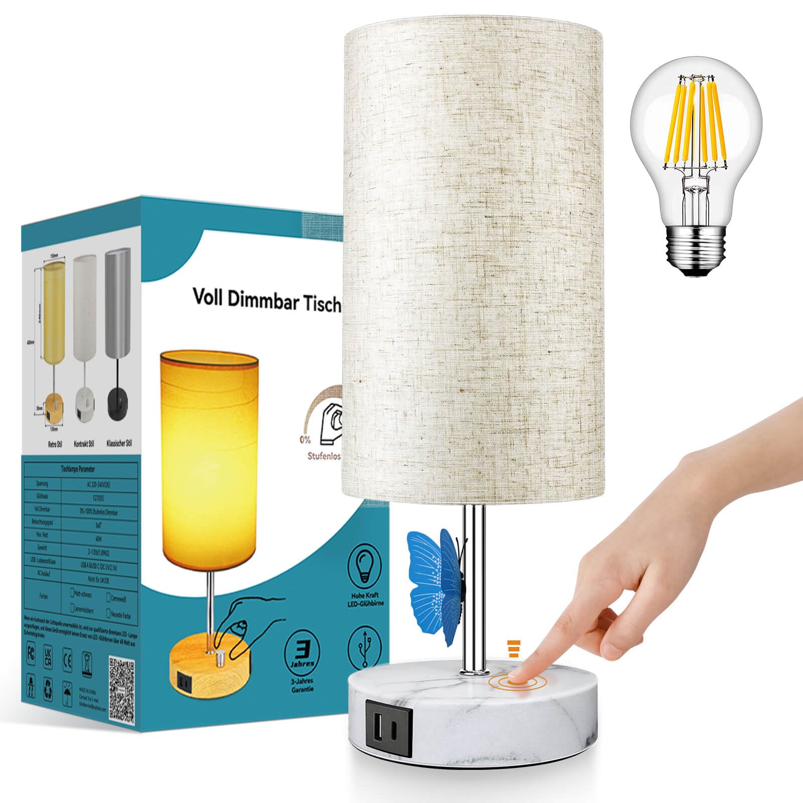 Wondlumi Bedside Lamp, Touch Lamps Bedside 3Way Dimmable with 2USB Charging Ports, Small Table Light with Marble Color Base and White Fabric Shade for Bedroom, E27 Bulb Included