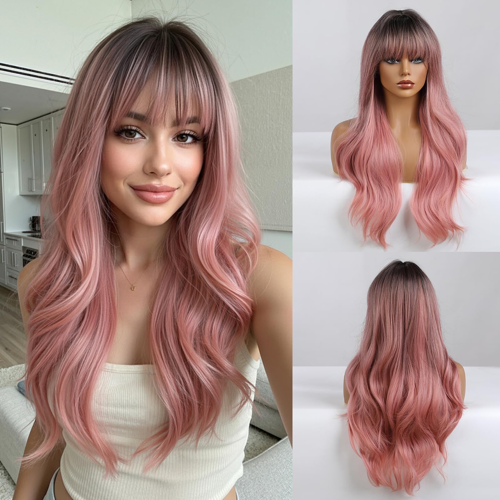 Esmee 24"Women Synthetic Wigs Natural Long Wavy Ombre Pink with Dark Roots＆Fluffy Air Bangs Light Cosplay Party Wigs