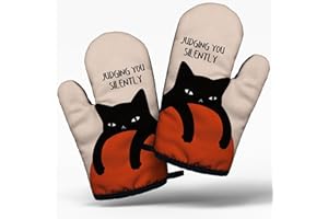 Funny Black Cat Cooking and Baking BBQ Kitchen Gadgets with Heat Resistant Silicone Non-Slip, Judging You Silently Oven Mitts