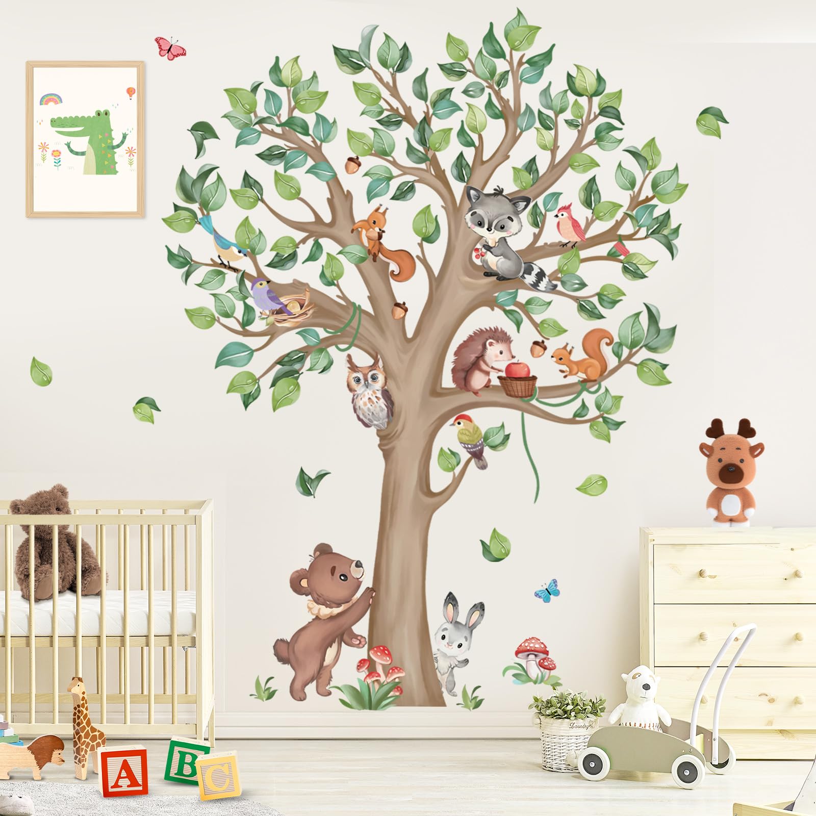wondever Large Woodland Tree Animals Wall Stickers Forest Tree Bear Owl Peel and Stick Wall Art Decals for Baby Nursery Kids Bedroom Living Room (H:135cm)