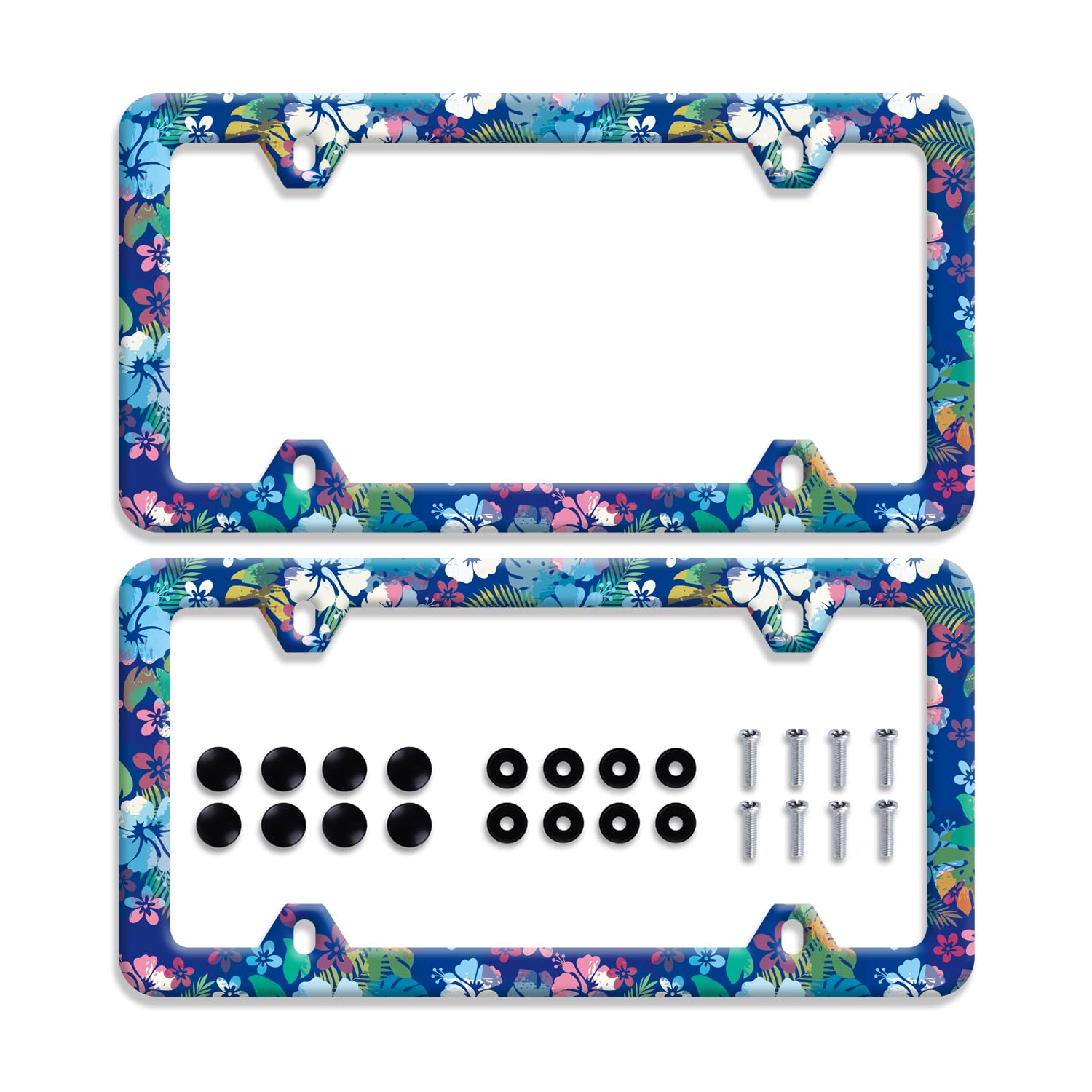 Photo 1 of ?2Pcs?Blue pink hibiscus License Plate Frame colorful tropical floral License Plate Frames Stainless Steel Accessories Cars Decor with 4 Holes Screws Fits Standard US CA Vehicles Size 12.2 x 6 Inches