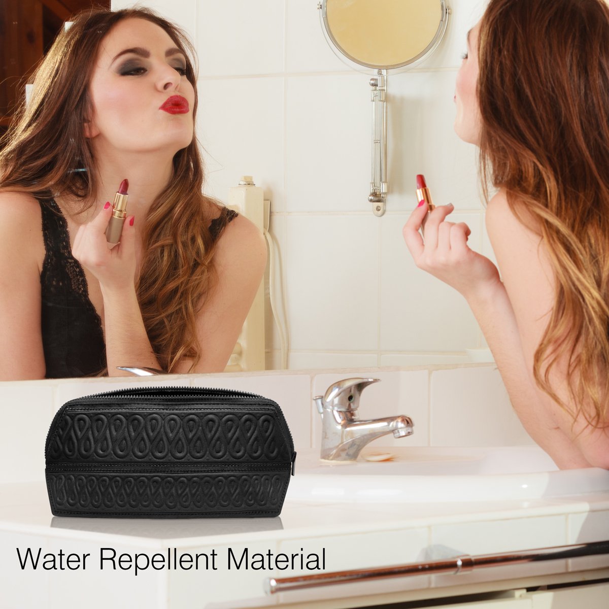 MetricUSA Cosmetic Makeup Bag Case Organizer Fits Even Longest Makeup Brushes is Water Repellent Travel Clutch Purse Toiletry Bag is Portable Soft and Beautiful Premium Quality Foldable Design (Black)