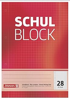 Brunnen 1052528 Schulblock / Notizblock (A4, 50 Blatt, kariert, mit Randlinien, Lineatur 28, gelocht, kopfverleimt, 70 g/m²)
