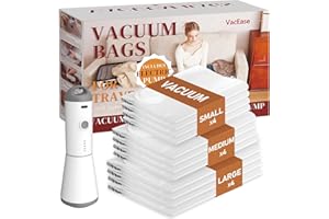 Vacbird Travel Vacuum Bags with Rechargeable Cordless Air Pump, 12 Pack Vacuum Storage Seal Bags for Clothing(4 Large+4 Medium+4 Small), Compression Packing for Clothes Suitcase Luggage