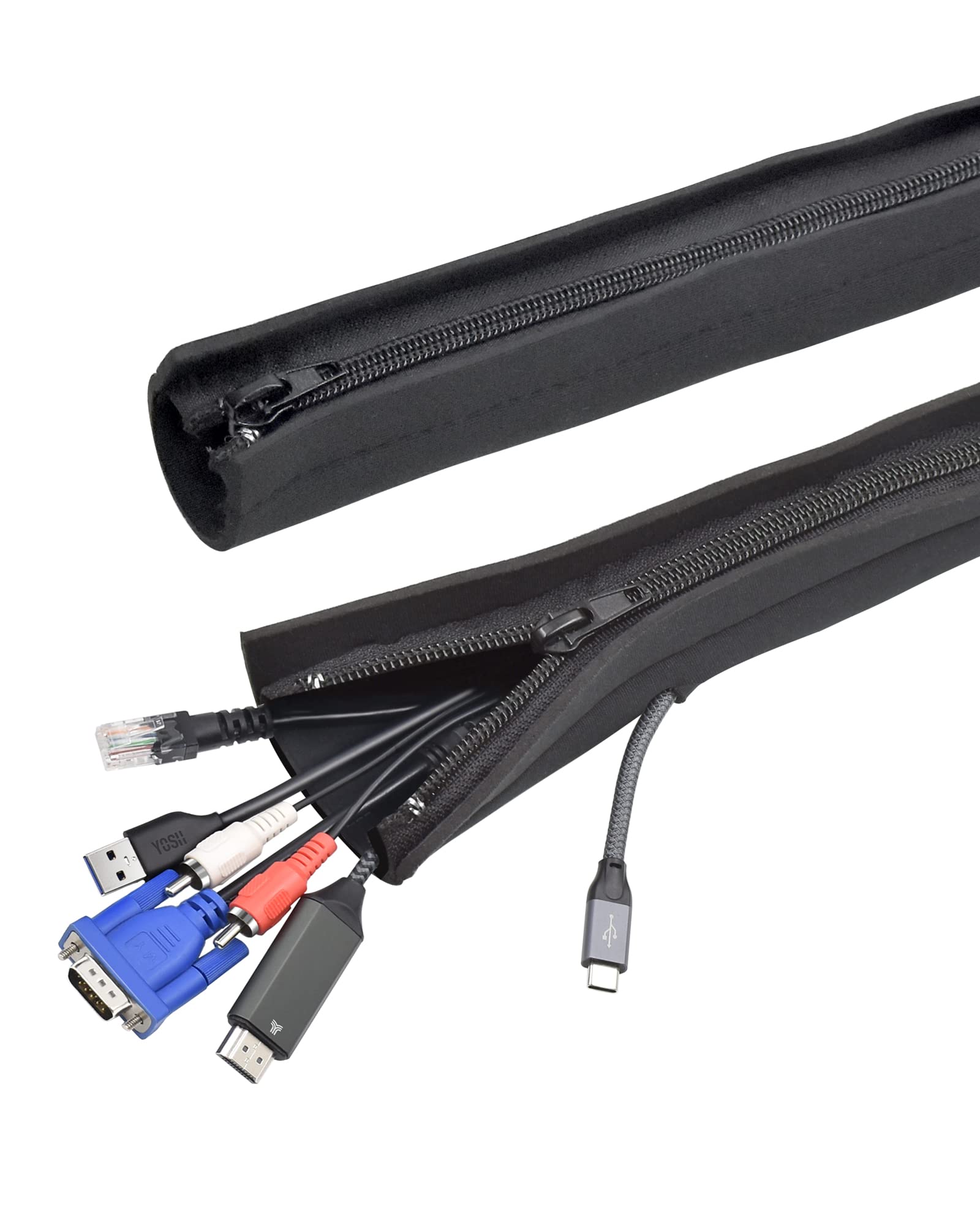 YOSH Cable Tidy Wire Sleeves with Zippers, Wire Management Sleeves Cord Organiser Wire Hider Prevent Cat-Chewing, Under Desk Cables Organizer for PC/TV/Ethernet at Home/in Office -100cm 2pcs Black