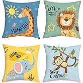 Joymaison Cartoon Animals Throw Pillow Covers 18x18 Inch Set of 4 Baby Elephant Giraffe Lion Monkey Cushion Pillow Case Nursery Home Decor for Kids Toddlers Teens