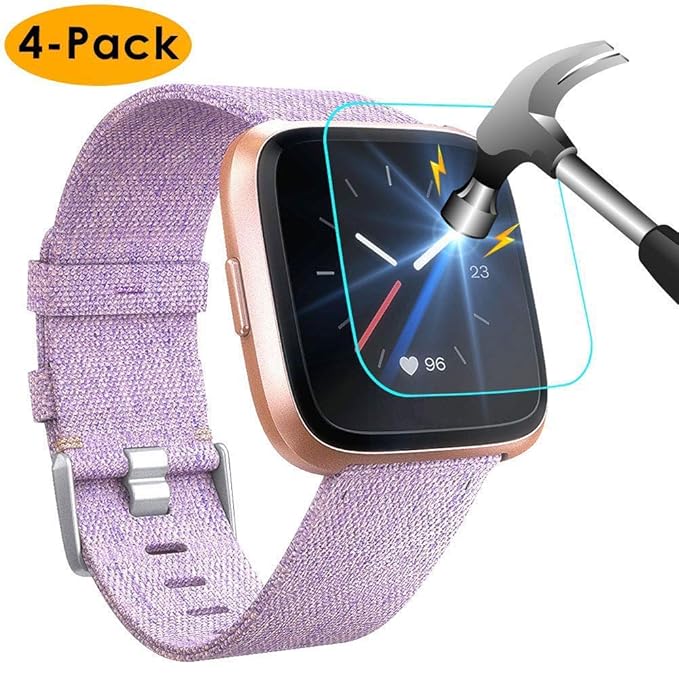 NANW [4-Pack] Screen Protector Compatible with Fitbit Versa / Versa Lite Edition Smartwatch (Not for Versa 2), Tempered Glass Waterproof Screen Glass ...