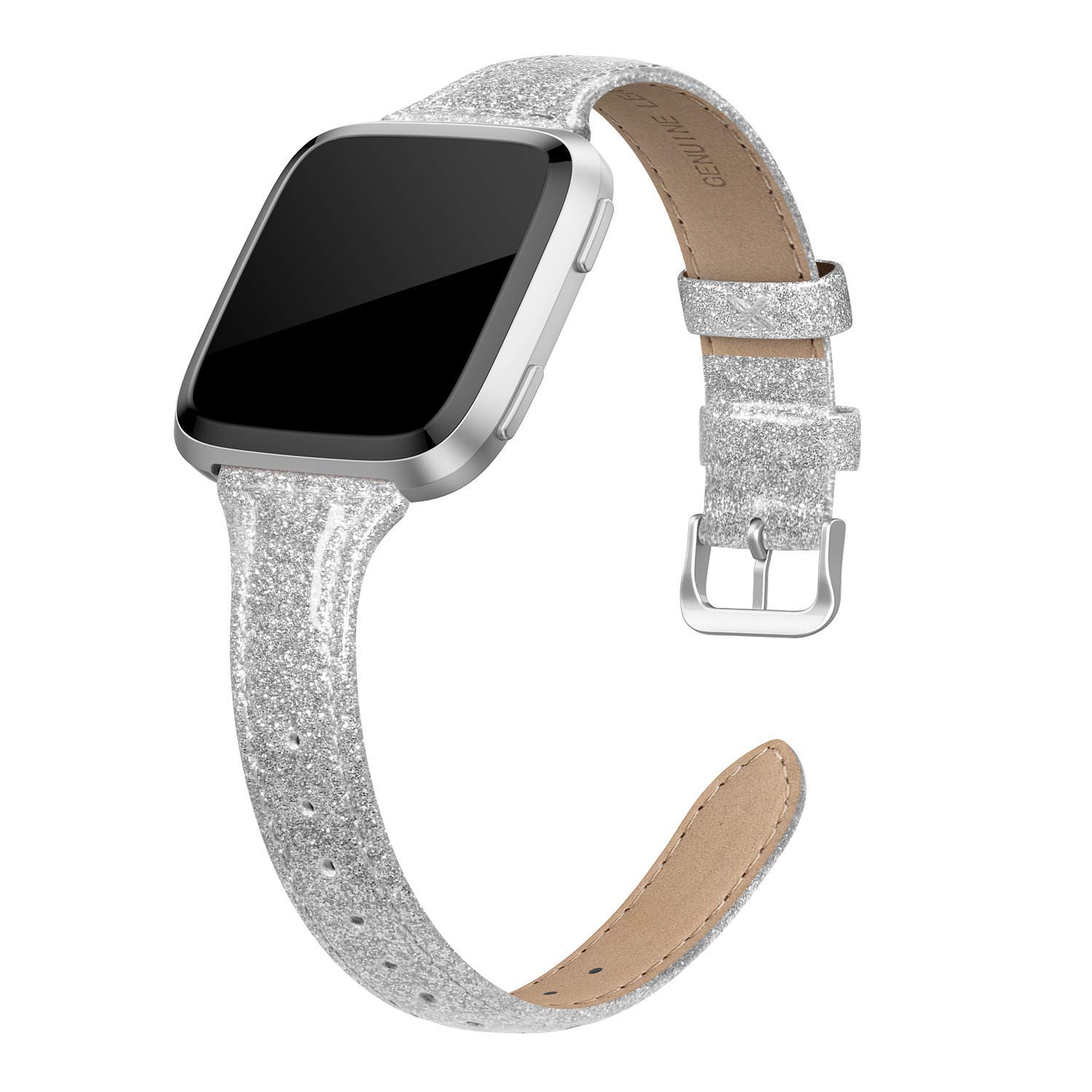 EDIMENS Genuine Leather Strap Compatible with Fitbit Versa 2 / Fitbit Versa Lite & SE/Fitbit Versa, Slim Thin Replacement Leather Strap for Versa Women Men (Giltter Silver)