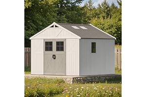 Patiowell 10x10 FT Outdoor Storage Shed, Plastic Shed with Floor and Skylight, Four-Window Resin Storage Shed with Lockable Door for Garden, Patio, Backyard, Beige
