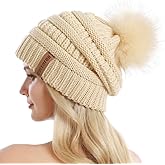 QUEENFUR Women Knit Slouchy Beanie Chunky Baggy Hat with Faux Fur Pompom Winter Soft Warm Ski Cap