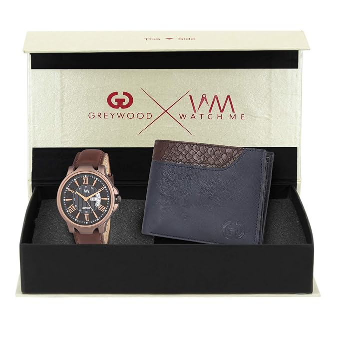 Watch Me X Greywood Mens Blue Leather Wallet & Day Date Analog Watch Combo Gift Set WMGW-006-DDWM-023p4