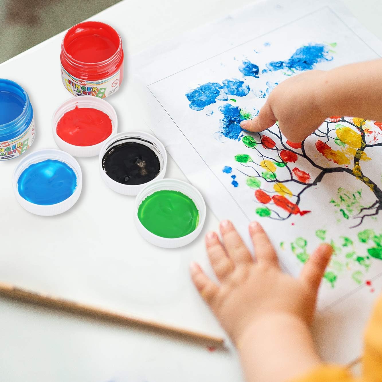 INK LAB Early Learning Kids Paint Set Washable Finger Paint Kit with Painting Brushes Apron Sponges for Toddlers Children Drawing, 6 Colors, 100ml/Can: Toys & Games