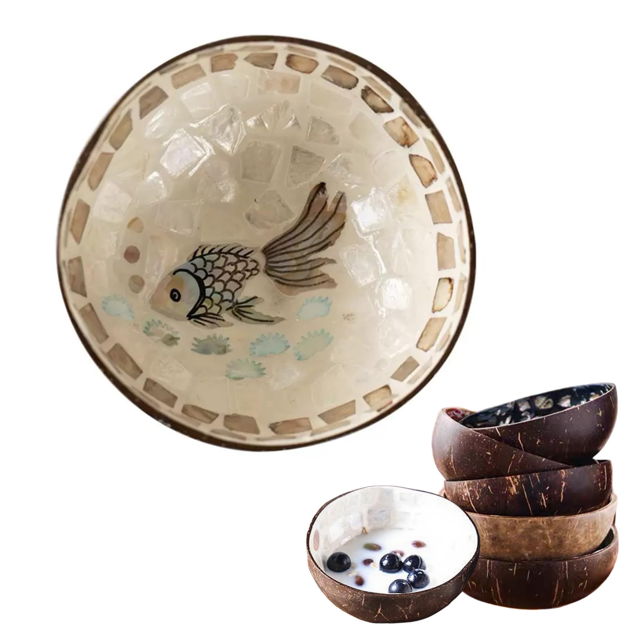 Photo 1 of ***MINOR DAMAGE*** WIizyzfhy Handcrafted Natural Coconut Bowl with Mother of Pearl Inlay Versatile Decorative Storage for Snacks Candy container Nut rack Fruit (Goldfish pattern)