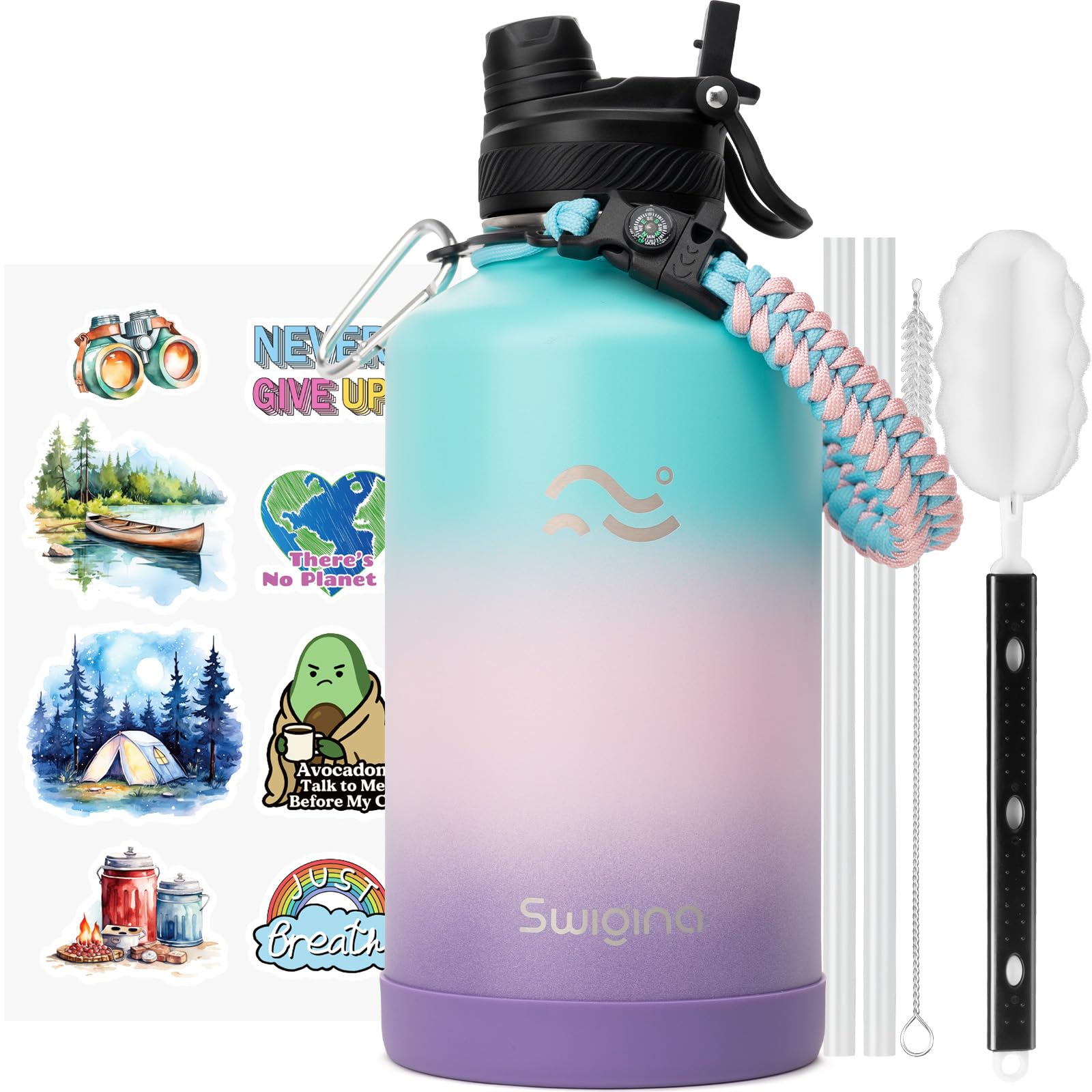 Swigina [2-IN-1 LID] 64 oz Insulated Water Bottle with Silicone Boot (48hrs Cold/24hrs Hot) - DIY Stickers, Leakproof, BPA Free, Half Gallon Image