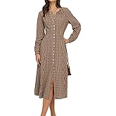 RIHOAS Brown Plaid Gingham Long Sleeve Button Dress A-Line Flowy Midi Maxi for Fall Winter Christmas Birthday Party Vacation