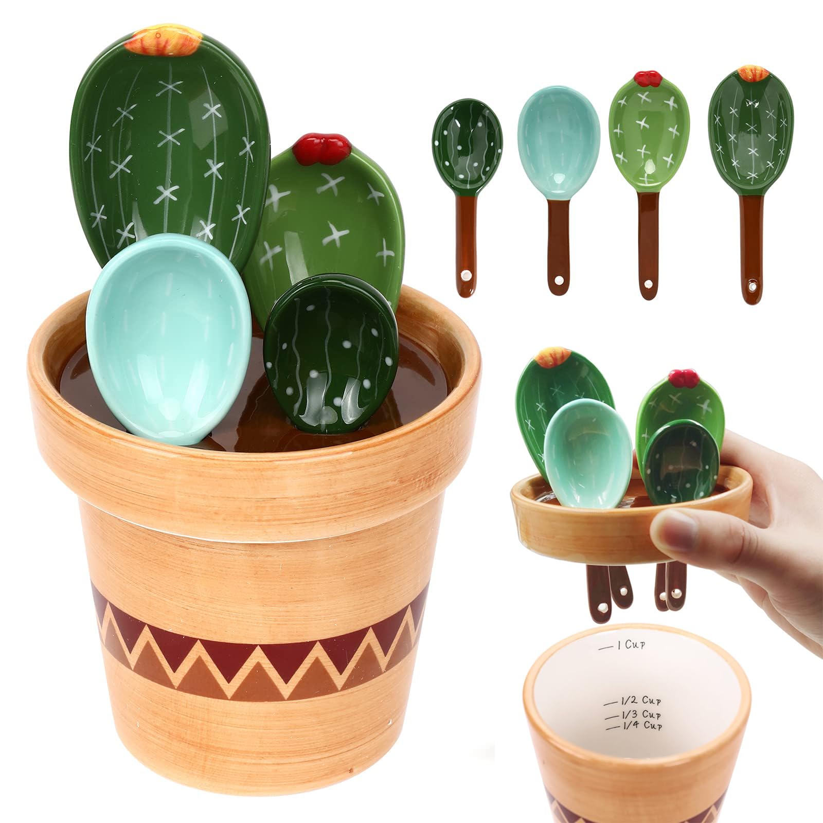 Photo 1 of ***(MINOR CHIPS)***5 Pieces Measuring Spoons Set/Ceramics Spoons and Measuring Base Cup/for Dry and Liquid Ingredient, Cute Cactus Shape (Wave base)