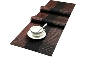 SHACOS Table Runners Woven Vinyl PVC Table Runner 12 x 36 inch Wipe Clean Bamboo Weave Countertop Table Decor Mats Indoor Outdoor, Ombre Coffee Black
