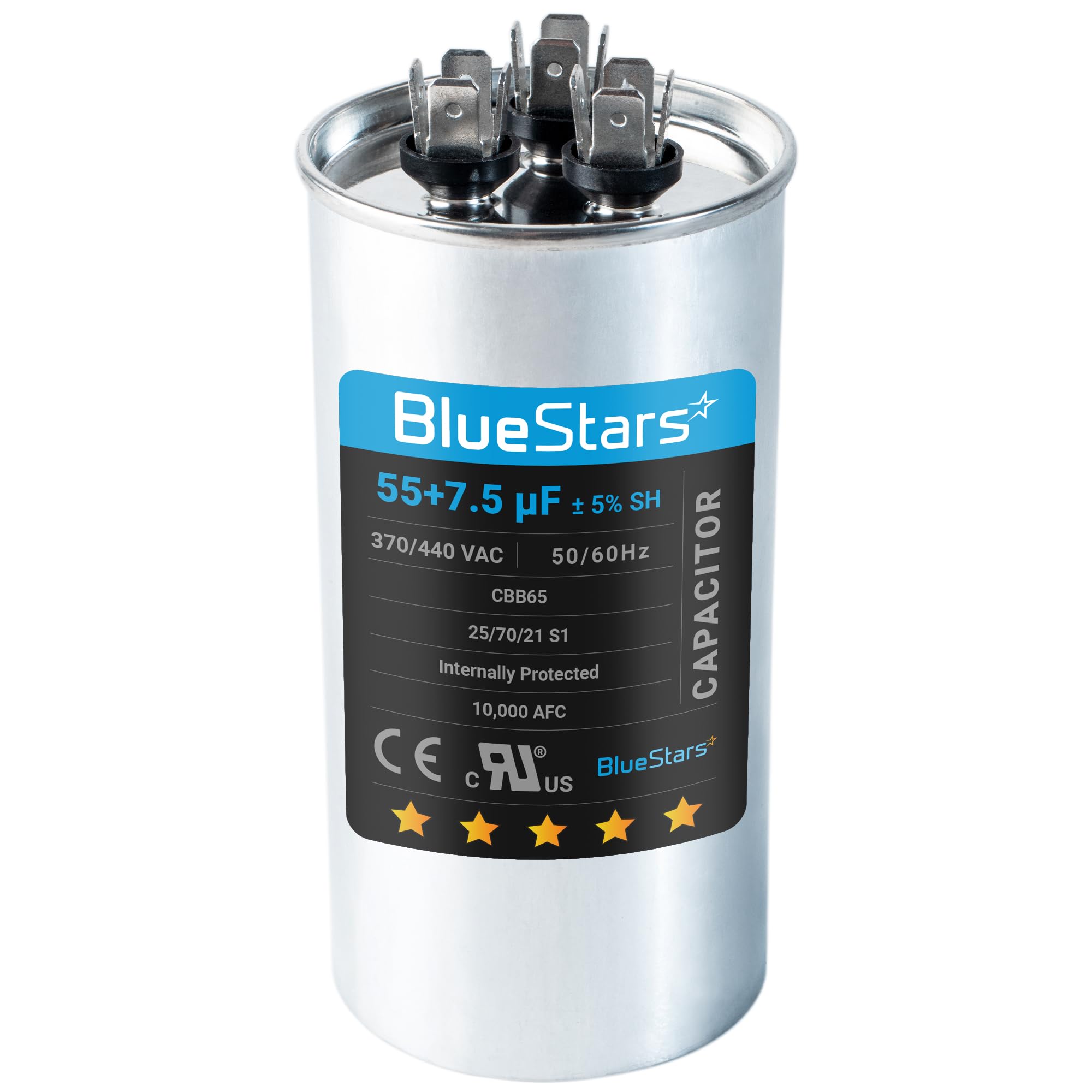 Photo 1 of [2025 Updated] BlueStars 55+7.5 uF 55/7.5 MFD ±5% 370 or 440 Volt AC CBB65B Dual Run Round Capacitor - Fit Condenser Straight Cool or Heat Pump Air Conditioner - Replaces C35575R, TT-CAP-55/7.5/440