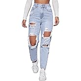 Floerns Women's Ripped High Waist Boyfriend Jeans Distressed Stretchy Denim Pants