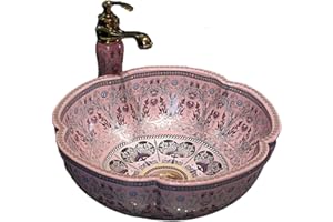 JDZJYBQX Bathroom Vessel Sink Bowl Pink Flower Shape Porcelain Above Counter Vanity Top Sink for Bar And Small Cloakroom