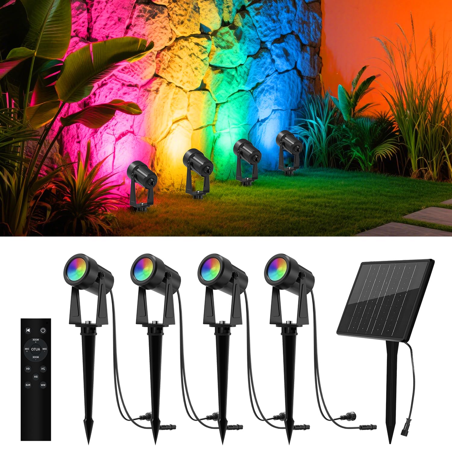 Photo 1 of ZYAN Solar Spotlights Outdoor, Solar Landscape Lights with Remote Control, RGBW Colored Spot Lights for Yard, Garden, Lawn, Plant, Tree, Pool Areas, Auto On/Off, Dimmable & Waterproof (4 Pack)