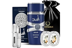AROMAQUE Bundle of Asad Lattafa Perfumes Zanzibar 3.4oz EDP 1 Empty Travel Refillable Bottle, 2 Car Freshener Cards & Satin Gift Bag