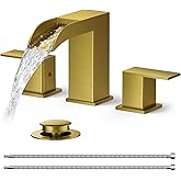 FORIOUS Square Brushed Gold Bathroom Faucets 3 Hole, Waterfall 8 Inch Widespread Bathroom Sink Faucet with Metal Pop-up Drain and Supply Lines, Two Handles for Vanity, Lavatory, Restroom