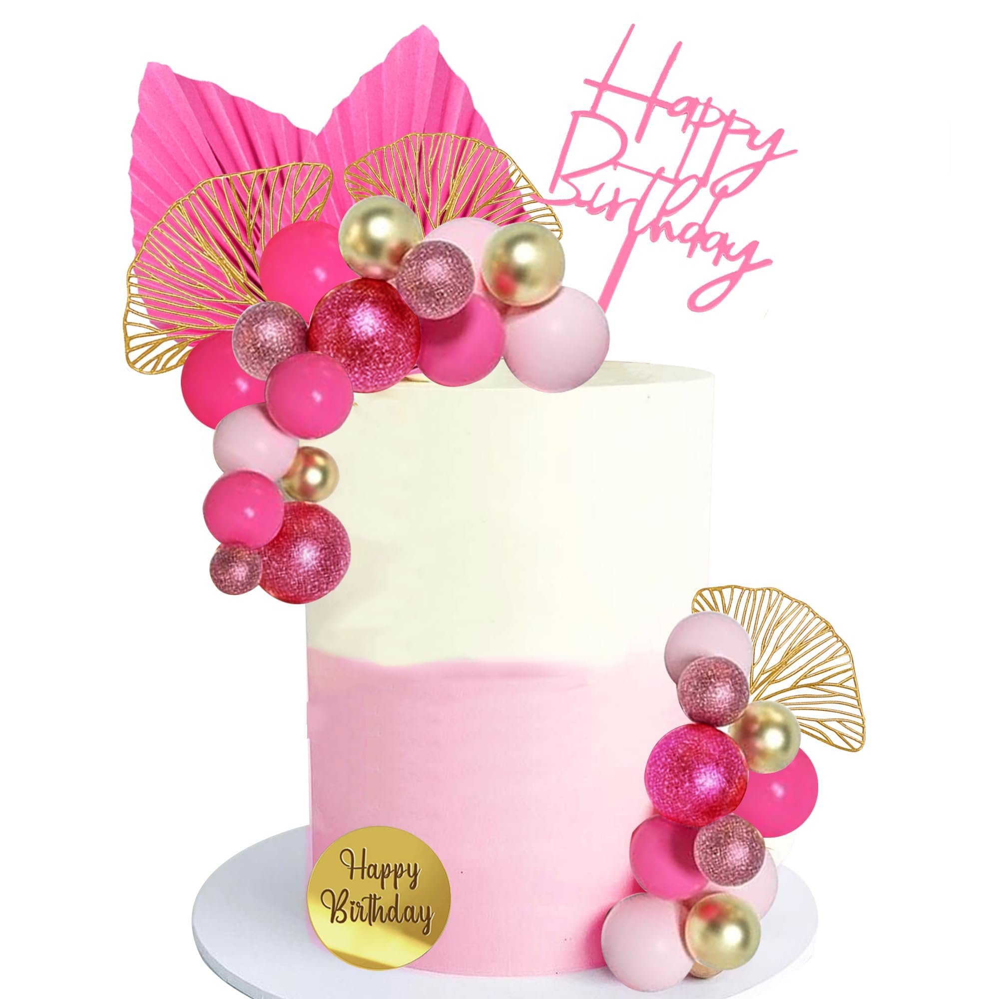 Hot Pink Gold Balls Cake Toppers Balls Birthday Cake Decorations for Birthday Boho Wedding Baby Shower Party Decoration (Hot Pink)
