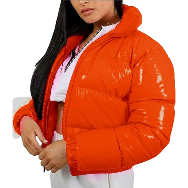 ONLYWOOD Womens Winter Metallic Crop Short Puffer Cotton-Padded