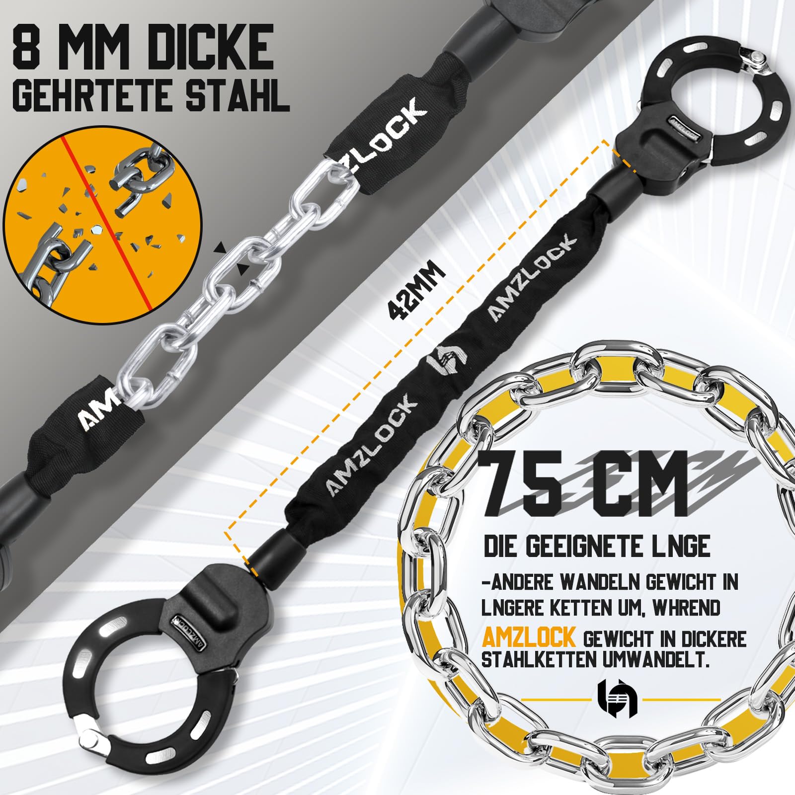 AMZLOCK E Scooter Schloss mit Tasche | 8mm Dicke Kettenschloss | Handschellenschloss für E Scooter | mit 3 Schlüsseln | 1.6kg/75cm Hochsicherheitsschloss 3