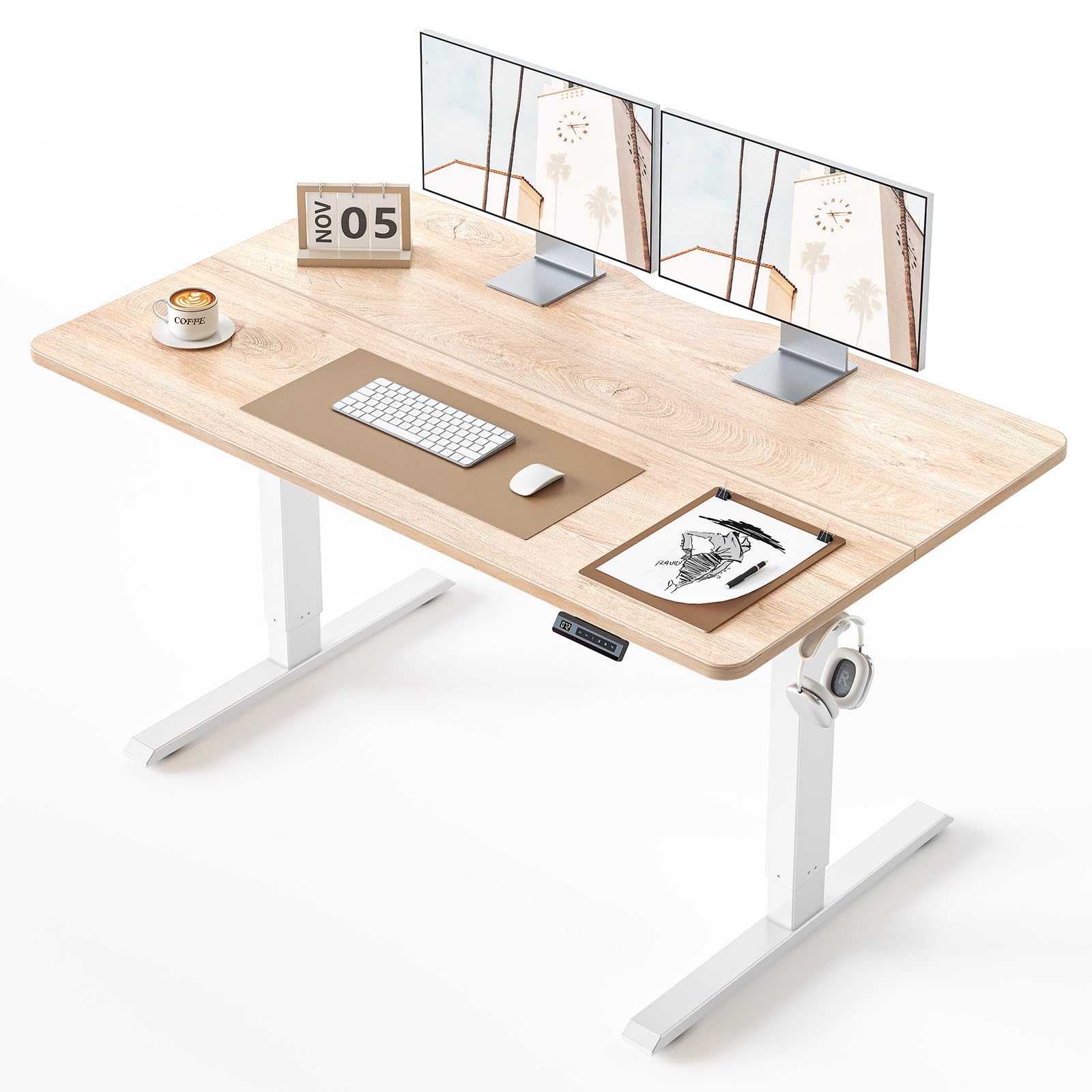 BANTI 55 × 28 Inches Standing Desk, Ergonomic, Electric Height Adjustable, Sit and Stand Up, Computer Desk with a Deeper Desktop, White Frame/Maple Top Image