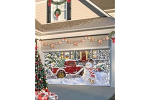 SINGINGIN Christmas Garage Door Banner Cover 7 x 8 ft, Merry Christmas Happy Snowman Red Truck Christmas Tree Christmas Garage Door Decorations Holiday Christmas Backdrop Decor for Winter New Year Xmas Party