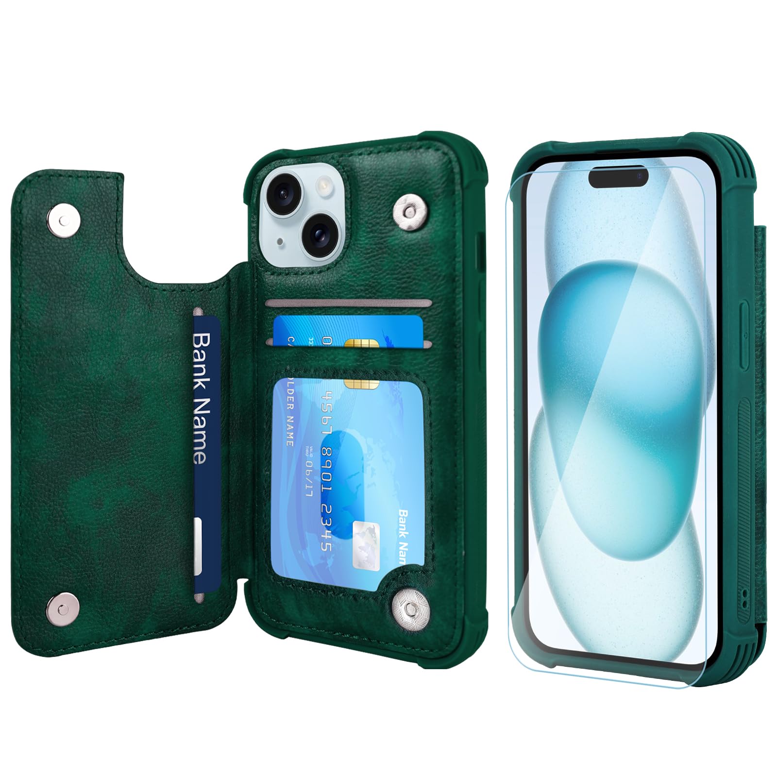 VANAVAGY Wallet Case Compatible for iPhone 15,Leather Flip Folio Shockproof Phone Cover Fit Magnetic Car Mount [Screen Protector Included] with Credit Card Holder for Apple 15, Midnight Green