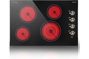 Karinear Electric Cooktop 30 Inch, 4 Burners Electric Stove Top, 30" Knob Control Built-in Radiant Ceramic Cooktop, 6700W, 220~240V Hard Wire(Gold Knob)