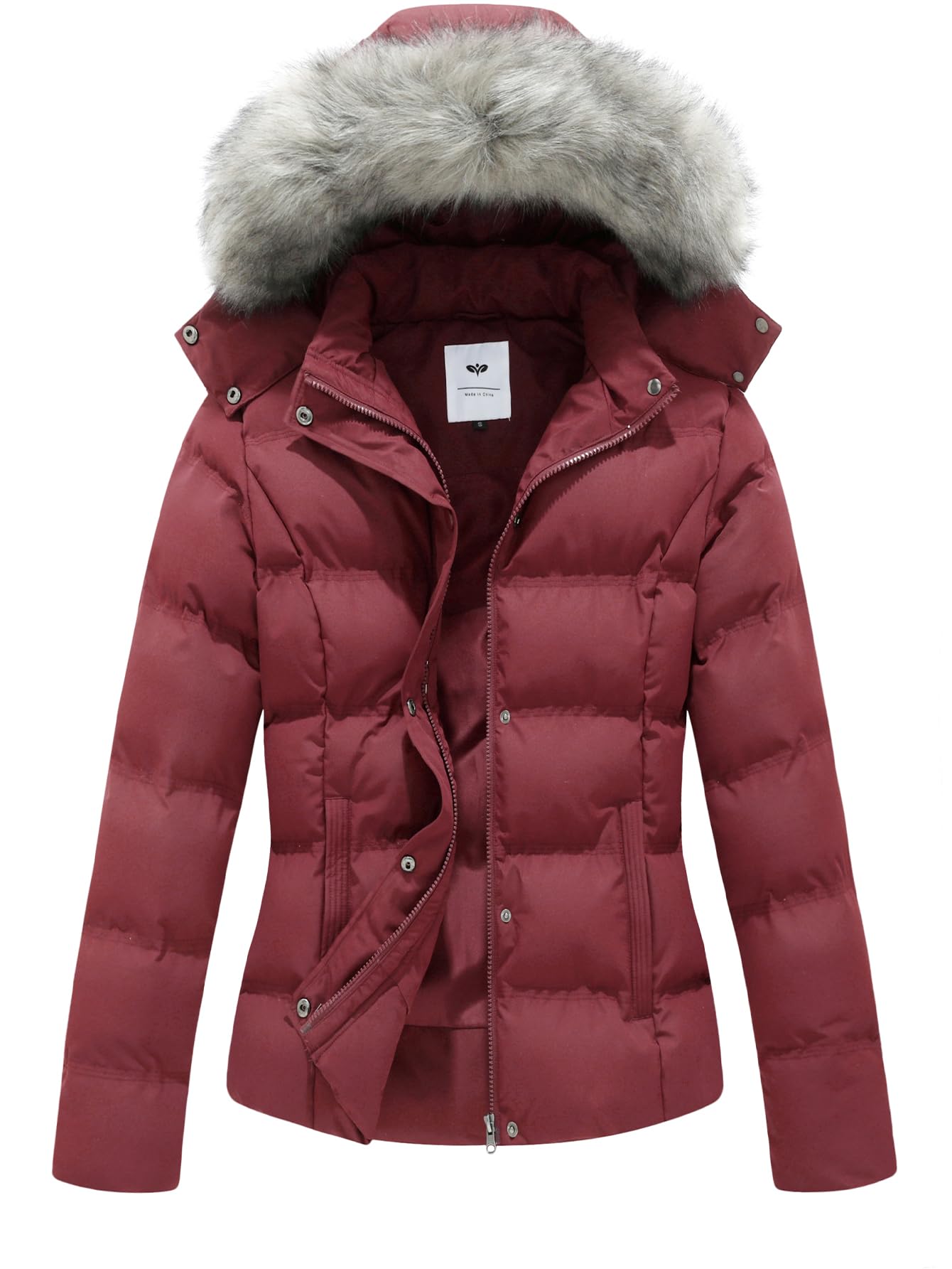 GGleaf Women's Plus Size Hooded Warm Winter Coat Quilted Thicken Puffer Jacket with Removable Fur Hood Burgundy Red 5X Image