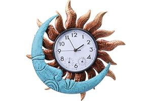 MUMTOP 14 Inch Sun and Moon Outdoor Clock, Outside Waterproof Wall Clock with Thermometer for Patio Pool Living Room Home Decor