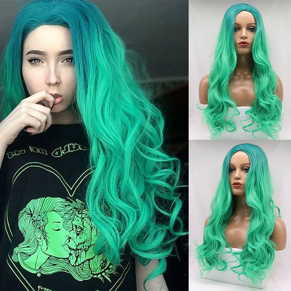 AFBeauty Highlight Green Wig Synthetic Long Wave Full Machine Wig No Lace Simulation Scalp Hair Replacement Wigs Middle Part Natural Looking