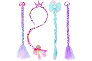 PinkSheep 4PCS Unicorn Mermaid Glitter Hair Bows headband Braided Wig Kids Fake Hair Hair Clips Hair Wig Rainbow Wigs Hair Extension for Kids Wigs for Little Girls, Costume Hair Accessories