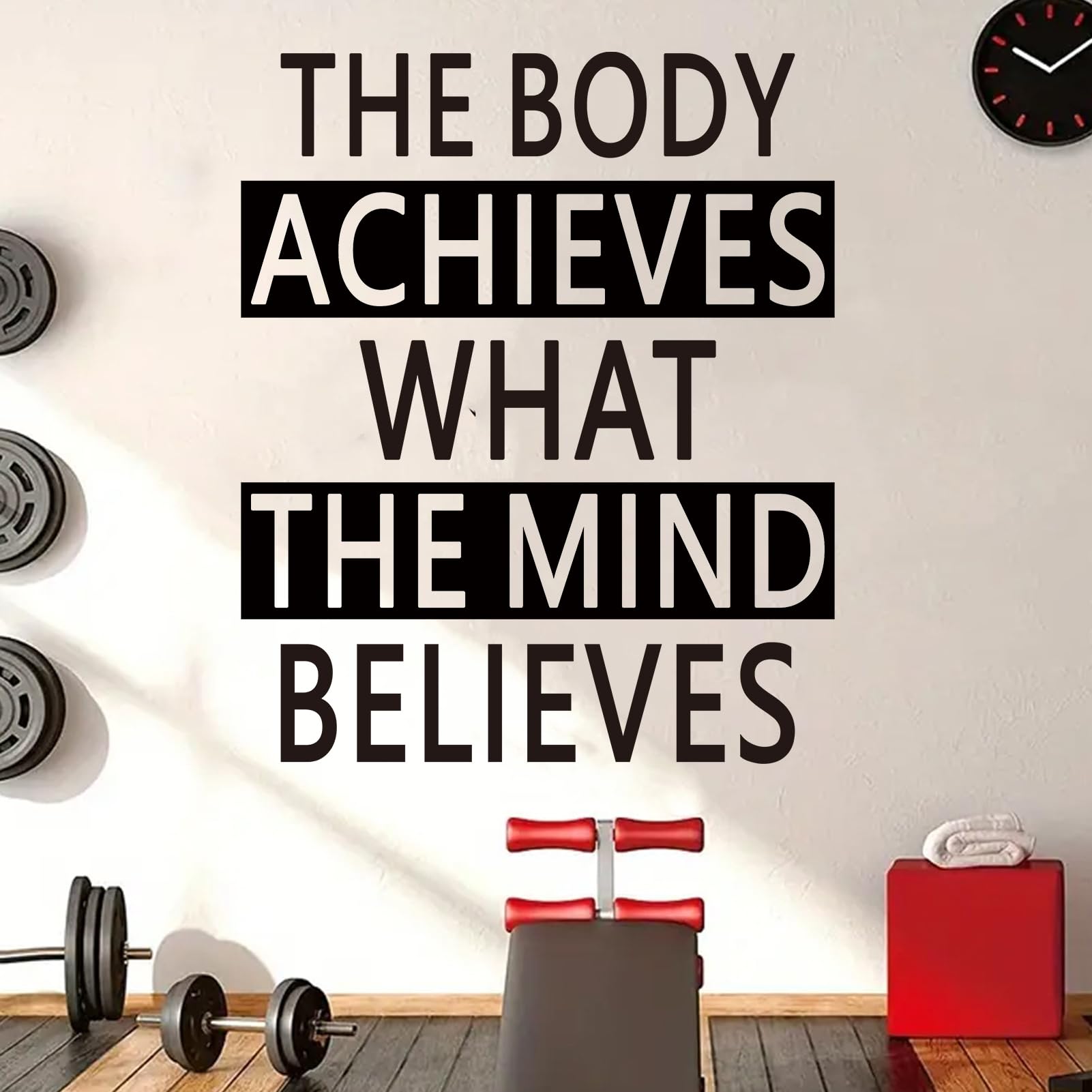 Photo 1 of SEATUNE Large Gym Wall Decals - Inspirational Quotes Motivational Sports Wall Stickers - Office Bedroom Classroom Home Garage Vinyl Art Wall Decor - The Body Achieves What The Mind Believes 20"X24"