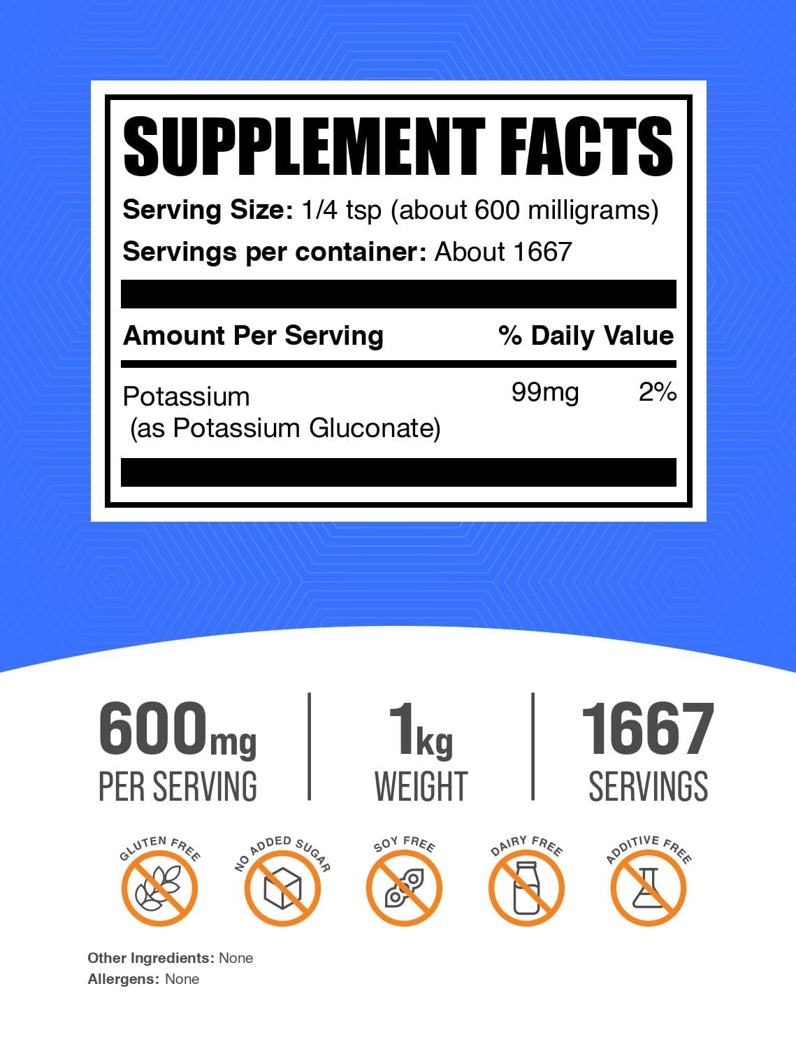 BulkSupplements.com Potassium Gluconate Powder - for Hydration Support, Mineral Supplement, Potassium 99mg - Gluten Free, 600mg per Serving, 1kg (2.2 lbs) (Pack of 1)