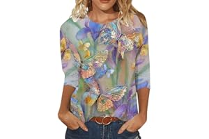 FABIURT Dressy Tops for Women, Womens 3/4 Sleeve Tops Dressy Butterfly Printed T Shirts Casual Loose Lightweight Blouse Shirts