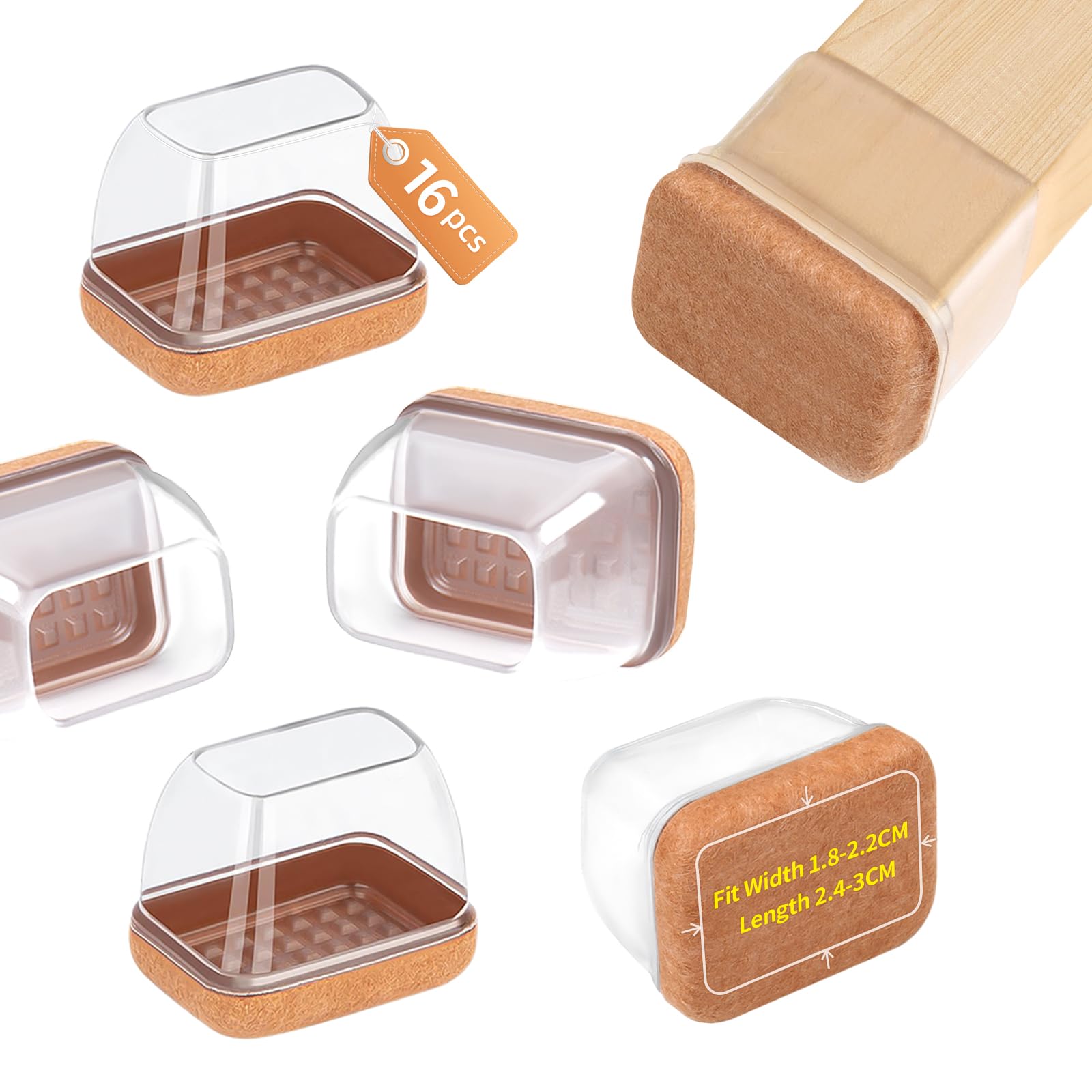 16PCS Chair Leg Floor Protectors, Rectangle Chair Leg Protection Caps, Small Clear Silicone Chair Leg Covers with Light Brown Felt Pads for Hardwood Floors, No Noise No Scratches