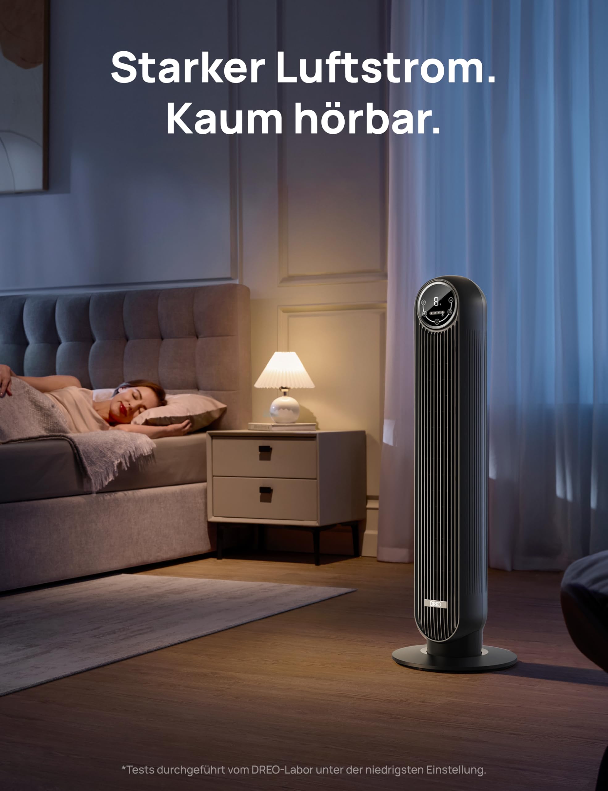 DREO Leiser Turmventilator, 10 m Wurfweite 4 Geschwindigstufen 4 Modi 8 Std. Timer 90° oszillierende Ventilator mit Kühlung Fernbedienung für Schlafzimmer,Turmventilator 307, Schwarz 4