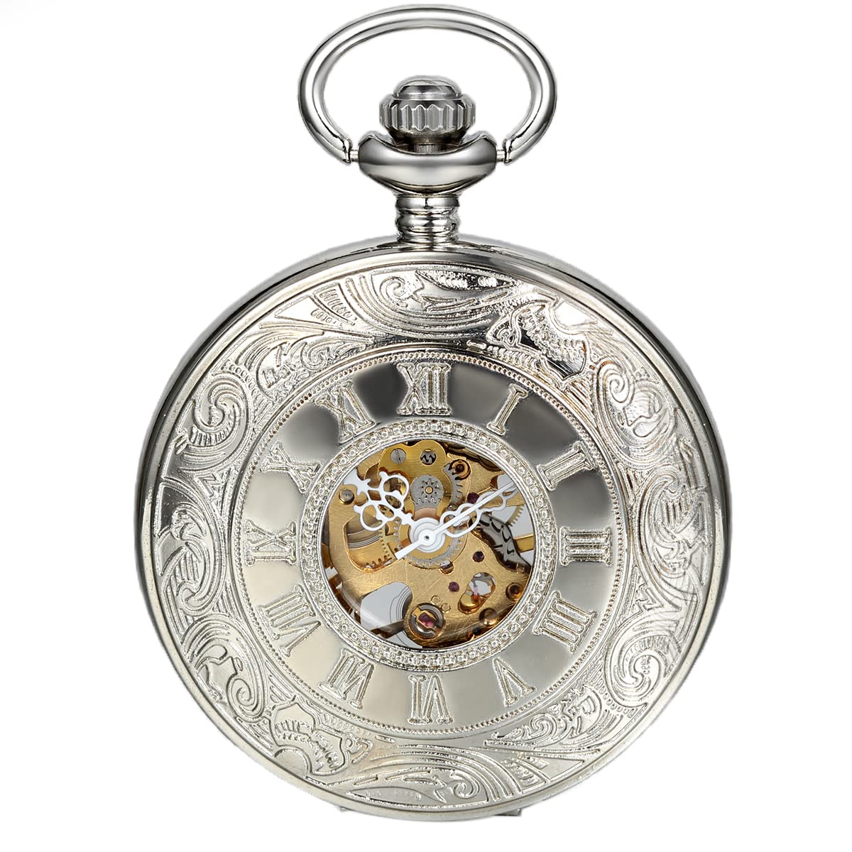 JewelryWe Silver Half Hunter Classic Hand Wind Mechanical Roman Pocket Watch with 15" Chain